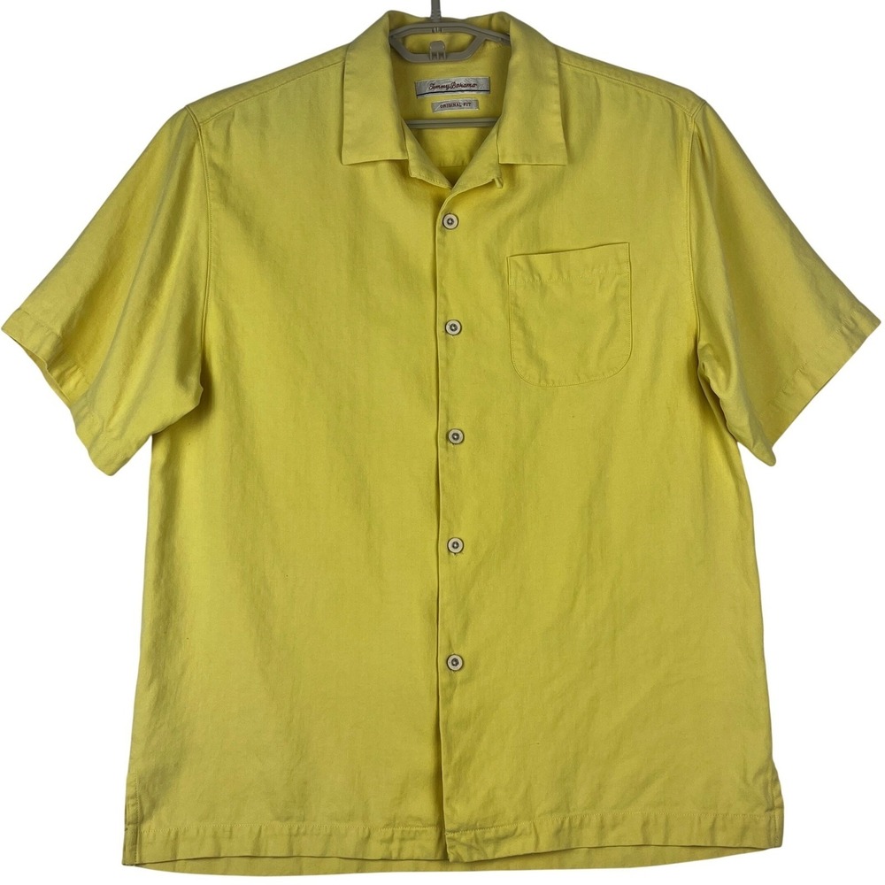 Tommy Bahama Camp Shirt Mens M Yellow 100% Silk Short Sleeve Original Fit